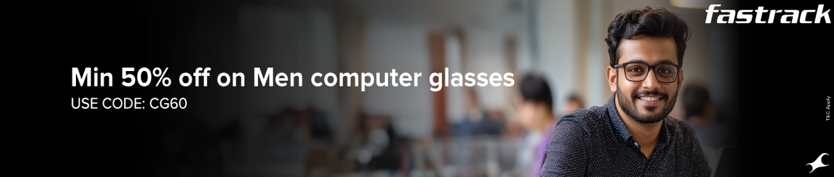 A Men wearing computer glasses that start at ₹600, and use code: CG60.