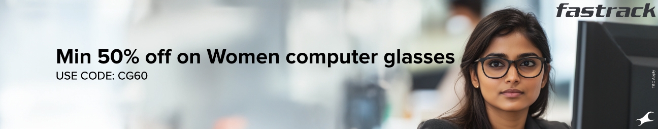 A Women wearing computer glasses that start at ₹600, and use code: CG60.