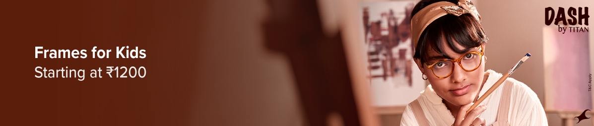 A child is wearing eyeglasses from Dash by Titan, which start at 1200.