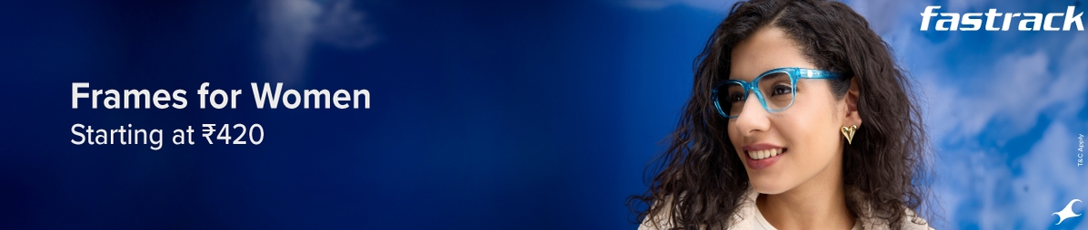 A Women wearing stylish Fastrack eyeglasses that starts with ₹420.