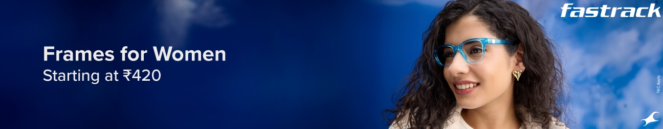 A Women wearing stylish Fastrack eyeglasses that starts with ₹420.