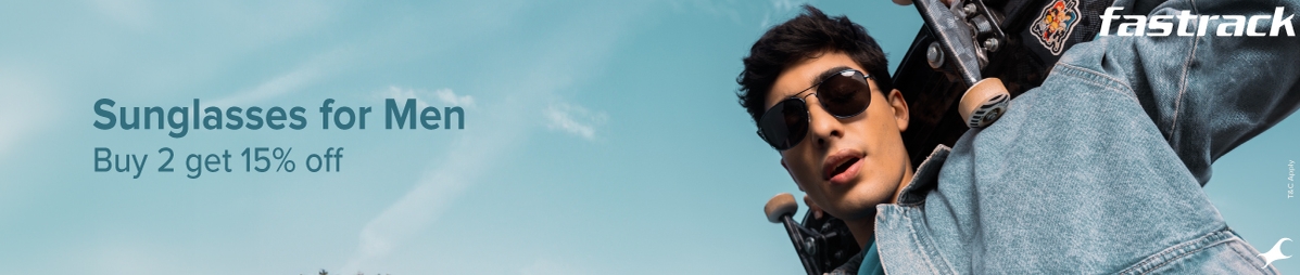 Men is wearing Fastrack sunglasses, and there’s an offer: "Buy 2 and get 25% off."